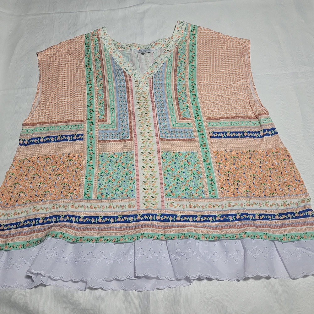 Rose + Olive Shirt Womens XXL Floral Patchwork Button Up Blouse Tunic sleeveless